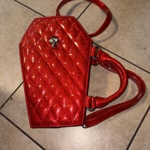 Elvira Mistress of the Dark Red Glitter Coffin Skull Crossbody Handbag Goth